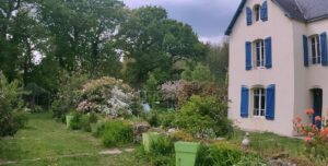 vu du jardin fleuri avec deux pots verts 