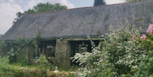 un arbuste vec des fleurs blanches et un poteau en pierres du hangar du gîte de Melgven