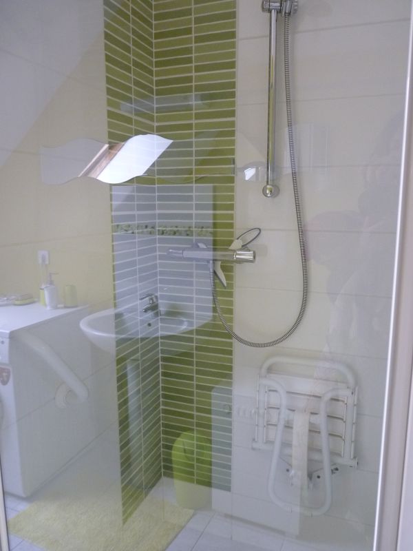 douche du gîte avec du carrelage vert et blanc et la vitre  transparante et le strapontin pour s'assoir